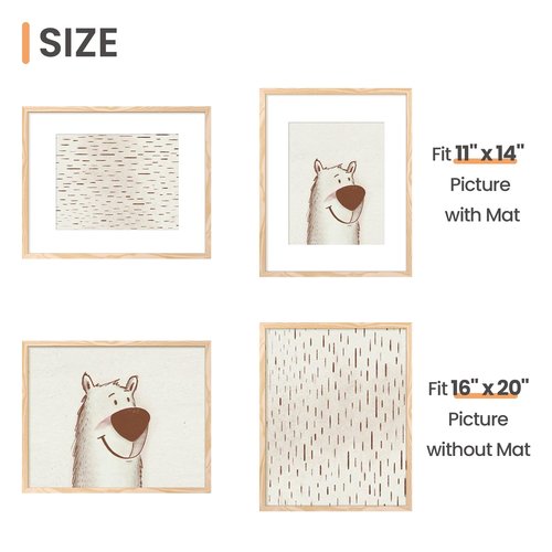 upsimples 16x20 Picture Frame, Display Pictures 11x14 with Mat or 16 x 20 Without, Wall Hanging Poster Frame, Natural, 1 Pack