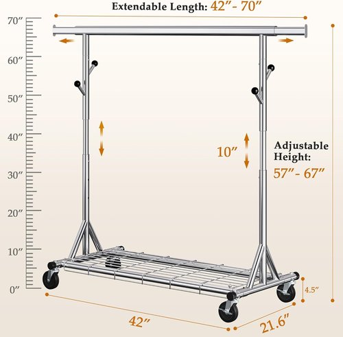 Gewudraw Heavy Duty Clothes Rack - Adjustable Metal Rolling Garment Rack With Sturdy Wheels | 630 lbs Capacity