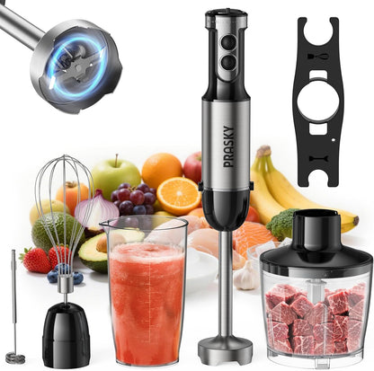 Skiennix Immersion Blender - 20-Speed Handheld Blender with Turbo Mode & Stainless Steel Blades | 600ml Beaker, 500ml Chopper (Silver)