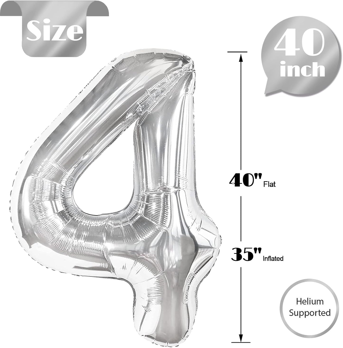 Number 4 Balloon - 40 Inch Silver Foil Balloon | Perfect for 4th Birthday Party Decorations