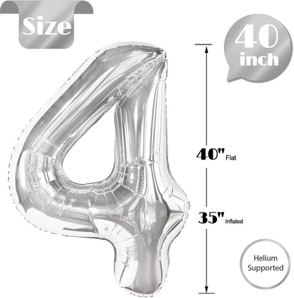 Number 4 Balloon - 40 Inch Silver Foil Balloon | Perfect for 4th Birthday Party Decorations
