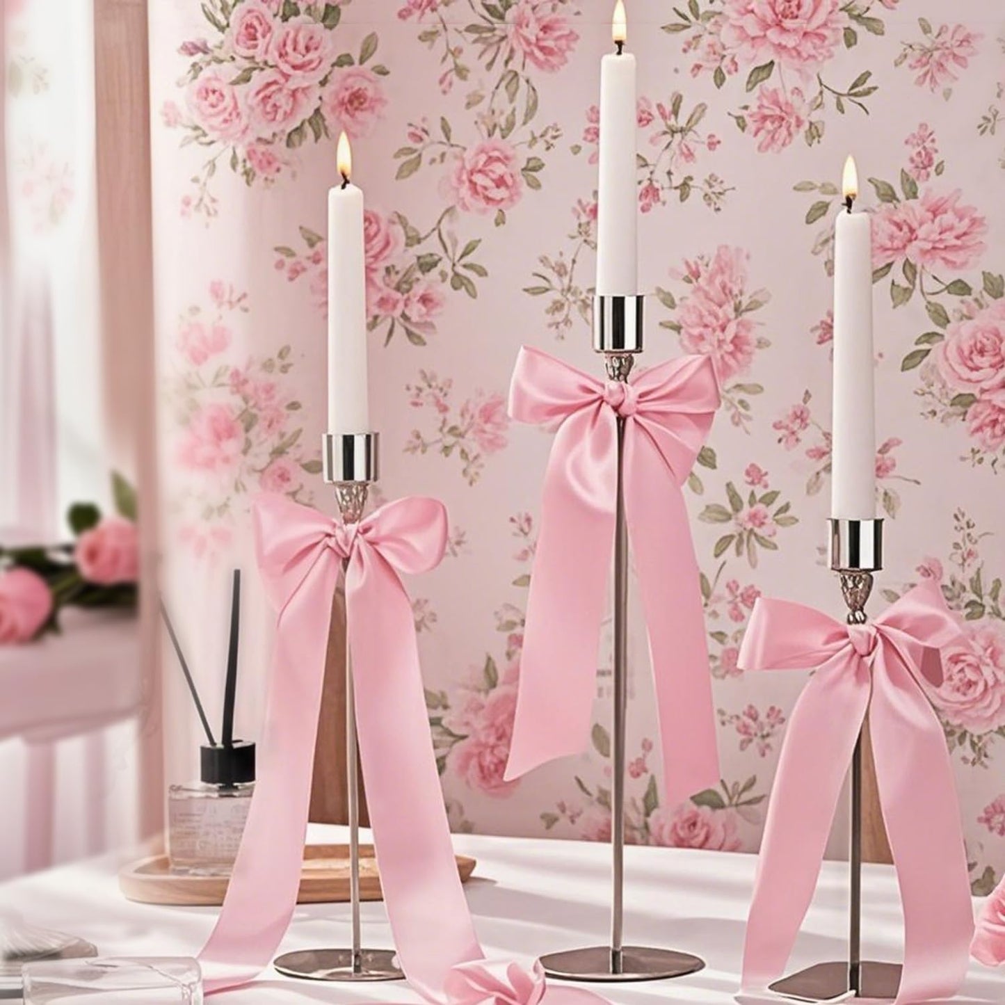 Skiennix 16-Piece Pink Candlestick Bow Set - Elegant 13-Inch Ribbon Bows for Weddings & Home Decor