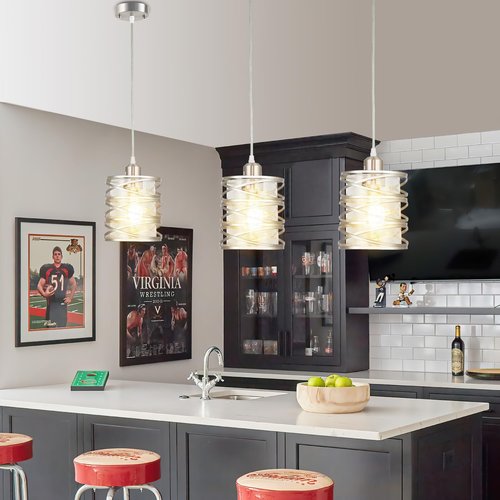 foucasal Brushed Nickel Pendant Light for Kitchen Island Spiral Iron Pendant Light Fixtures with Seeded Glass Shade, Adjustable Height Hanging Pendant Lighting for Dining Room Hallway Kitchen Foyer