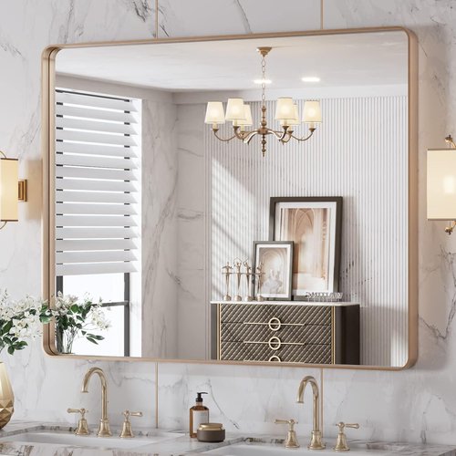 LOAAO Gold Bathroom Mirror - Rounded Rectangle Design with Anti-Rust Tempered Glass | 40" x 32" Wall-Mounted