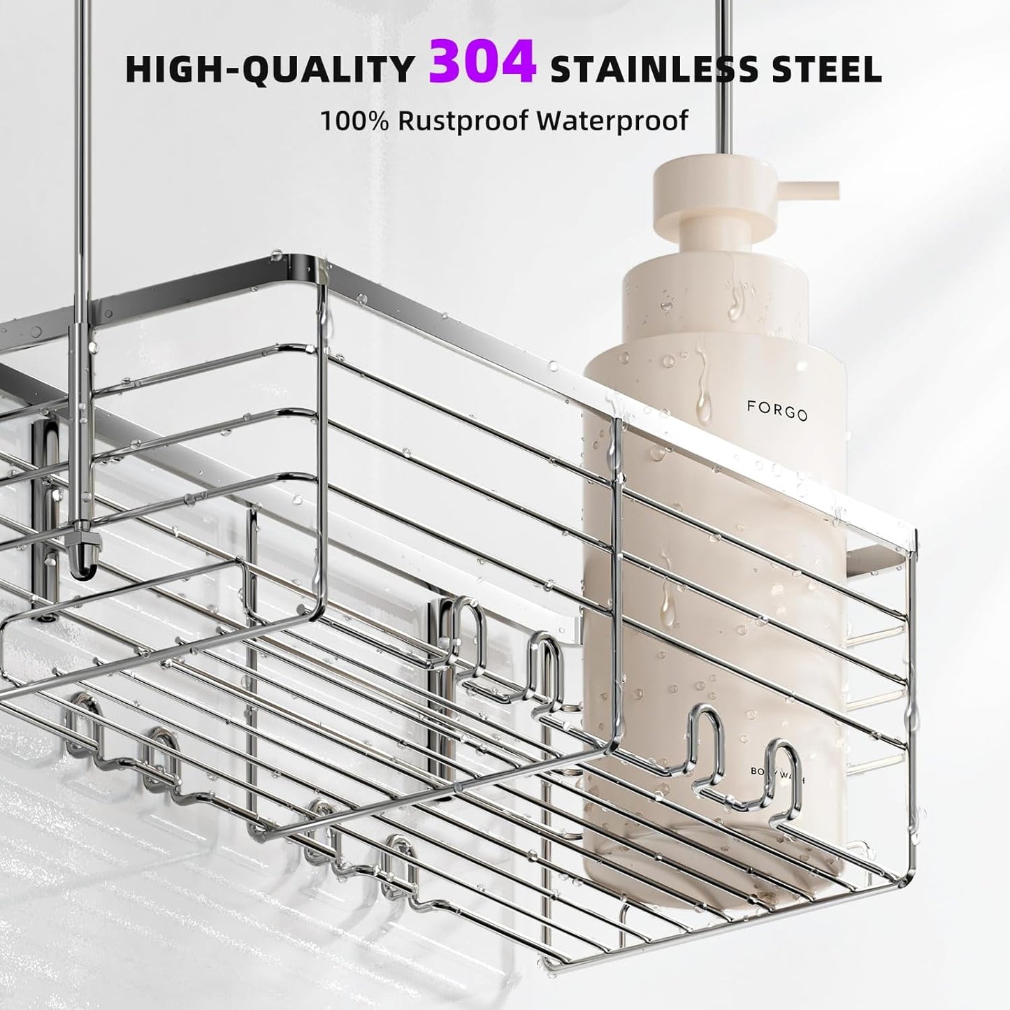 SHANSHUI Shower Organizer Caddy - Rustproof 304 Stainless Steel Hanging Basket for Bathroom | Over Door Rack with Hooks