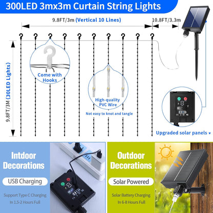 Skiennix Solar Curtain Lights - Waterproof 300 LED Twinkle Fairy String Lights | 10x10 Ft with Remote & 8 Modes for Outdoor Parties & Weddings