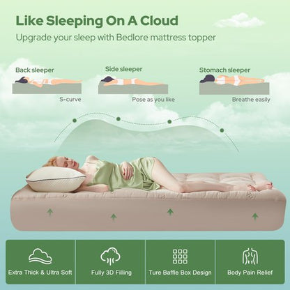 BEDLORE King Mattress Topper Viscose Derived from Bamboo, Thick Pillow Top Mattress Pad with Stretchable Pockets for 6"-18" Mattress, Soft Breathable Mattress Topper for Back Pain Relief(Beige)