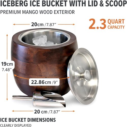 Iceberg 2.3 Quart Ice Bucket with Lid & Scoop – Mango Wood Ice Bucket with Stainless Steel Liner, Airtight Sealed Lid, Premium Barware for Cocktails & Entertaining