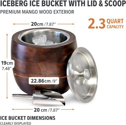 Iceberg 2.3 Quart Ice Bucket with Lid & Scoop – Mango Wood Ice Bucket with Stainless Steel Liner, Airtight Sealed Lid, Premium Barware for Cocktails & Entertaining