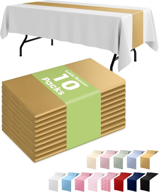 Pureegg Gold Plastic Table Runners - Water Resistant & Disposable | 10 Pack, 14'' x 108'' for Weddings, Parties & Home Decor