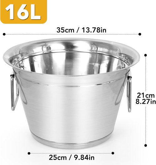 Large 16L Stainless Steel Ice Bucket for Parties – Stainless Steel High-Capacity Beverage Tub with Scoop & Tongs, Party Drink Chiller for Catering, Outdoor Events, Backyard BBQ