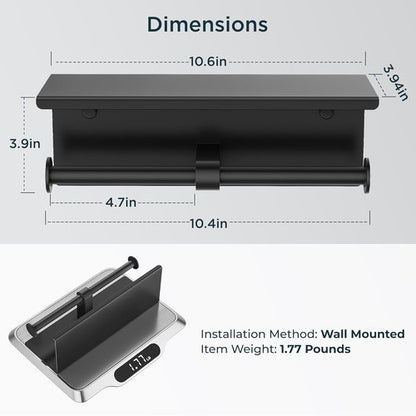 FORIOUS Double Toilet Paper Holder - Wall-Mounted Tissue Roll Dispenser with Shelf | 304 Stainless Steel, Matte Black