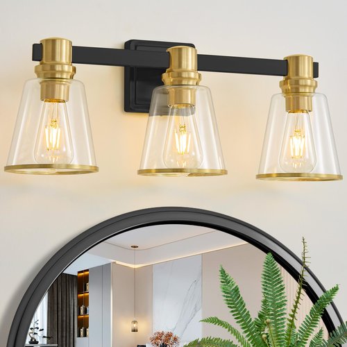 Deyidn Vanity Lights Black Gold Bathroom Light Fixtures Over Mirror, 3 Light Vanity Lighting Fixtures, Mid Century Modern Wall Sconce with Clear Glass Shades for Farmhouse Bedroom
