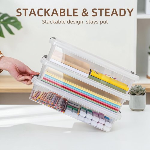 Citylife Plastic Storage Bins - 3 PCS Clear Stackable Containers with Latching Lids for Organizing A4 Paper & Documents