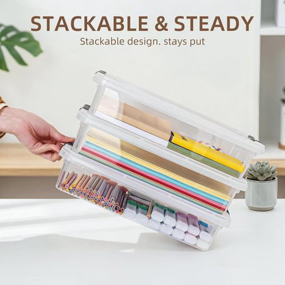 Citylife 3 PCS Plastic Storage Bins - Stackable Clear File Boxes with Latching Lids for A4 Paper & Documents