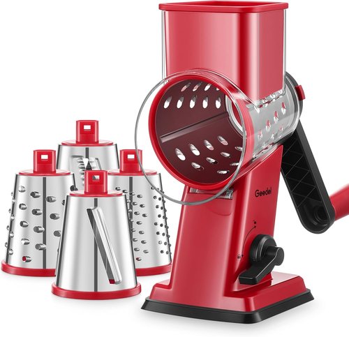 Geedel Rotary Cheese Grater - Upgraded Vegetable Shredder with 4 Blades | Easy Clean Kitchen Tool