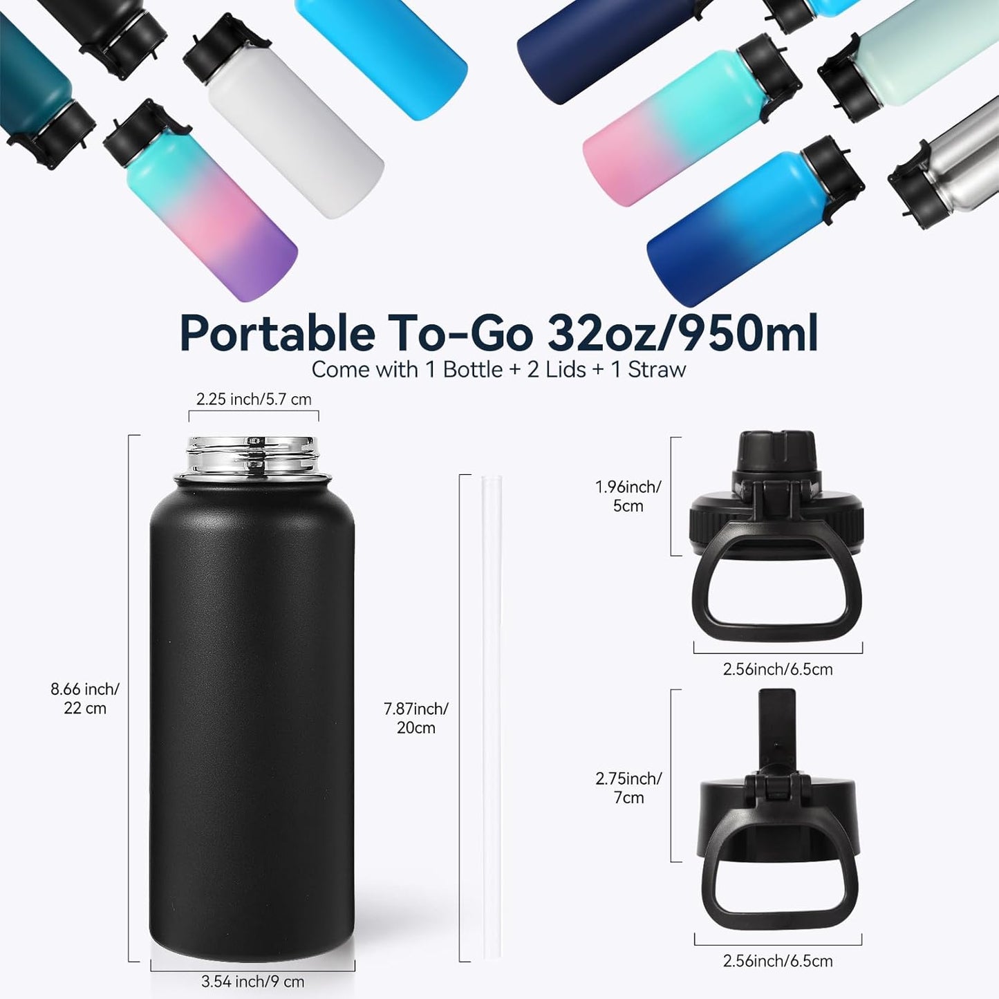 Neihepal Insulated Water Bottle - 32 oz Double Wall Stainless Steel with Straw & Spout Lids | Black
