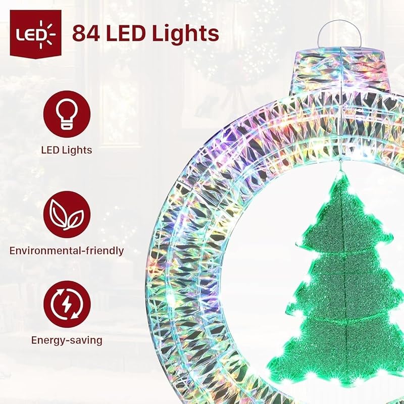 Outdoor Christmas Wreath with 84 LED Lights and Mini Tree - 33in Winter Yard Decor