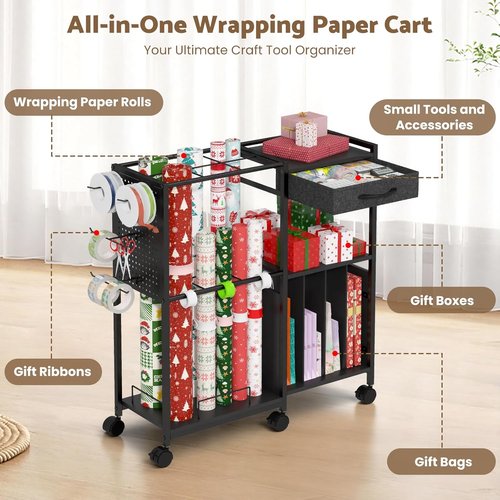 Kikihouse Wrapping Paper Storage Cart - Rolling Gift Wrap Organizer with 12 Slap Bands & Hooks | Black