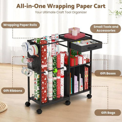 Kikihouse Wrapping Paper Storage Cart - Rolling Gift Wrap Organizer with 12 Slap Bands & Hooks | Black