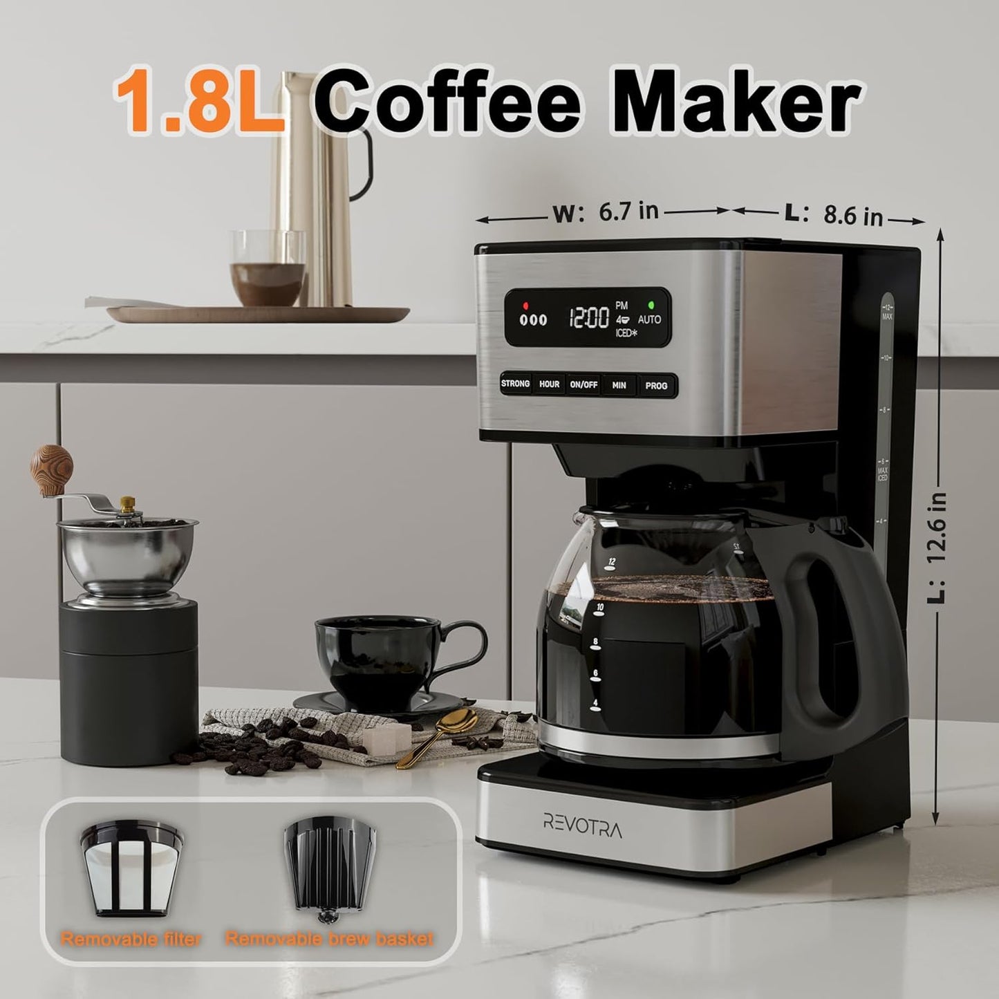 Regine Switzerland 12-Cup Programmable Coffee Maker - Regular & Strong Brew, 24H Timer, Auto Shut-Off