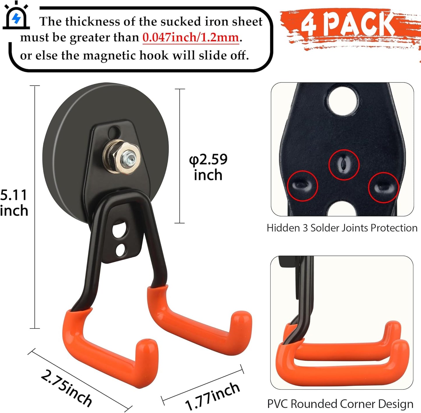 ULIBERMAGNET Heavy Duty Magnetic Garage Hooks - 4 Pack Strong Magnet Hooks for Tools & Storage (Orange)