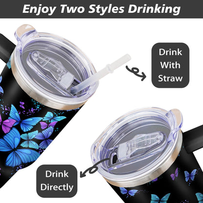 thmasamwr Butterfly Tumbler with Lid and Straw, Stainless Steel 40oz Tumbler with Handle, Butterfly Travel Coffee Mug Water Bottle, Butterfly Gifts Cups for Women and Girls