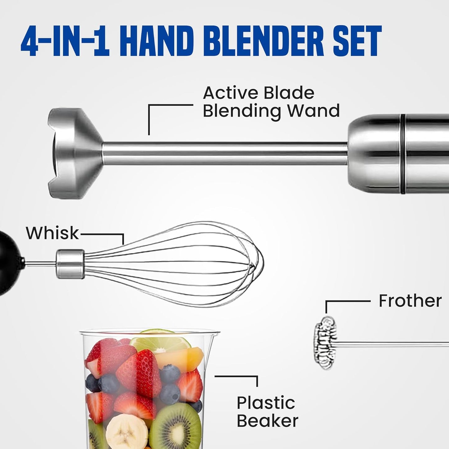 TEGH Immersion Blender - 8-Speed Stainless Steel Handheld Mixer for Smoothies, Soups & Sauces | Electric 4-in-1 Food Processor