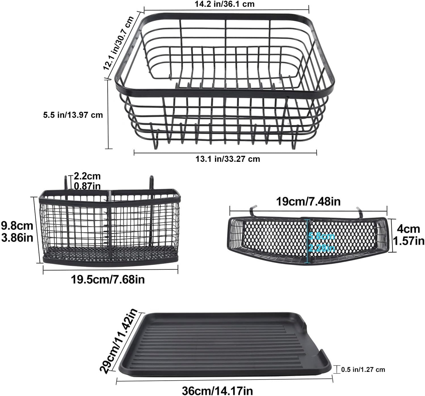 TQVAI Kitchen Dish Drainer Rack - Includes Drying Board & Full-Mesh Utensils Holder | Black Finish