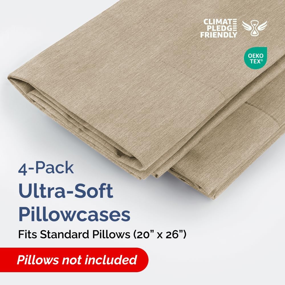 Skiennix Standard Pillow Cases Set of 4 - Soft Hotel Quality Covers - Comfy & Machine Washable - Heathered Beige