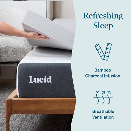 Lucid 4 Inch Bamboo Charcoal Infused Memory Foam Mattress Topper - Queen Size – Moisture and Odor Control - Ventilated - Ultra Plush Feel, Pressure-Relief Bed Topper – CertiPur Certified