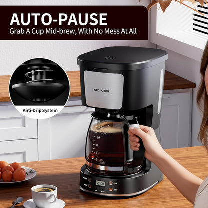 Skiennix 12-Cup Drip Coffee Maker - Programmable, Reusable Filter, Compact Design | Silver & Black