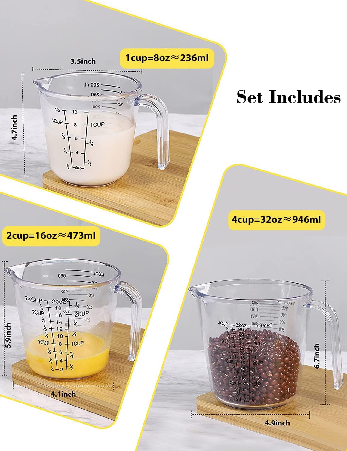 Measuring Cups Set - BPA-Free Plastic Liquid Measuring Cups with Spout | 3-Piece Clear Set