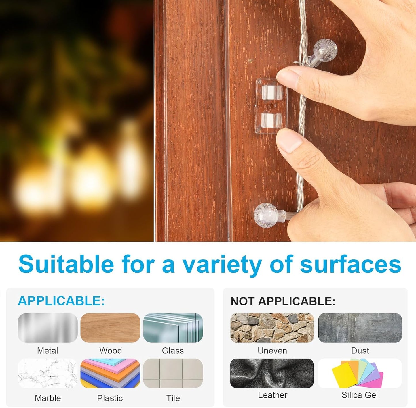 Skiennix 30 PCS Heavy-Duty Hooks for Outdoor String Lights - Clear Adhesive Clips for Easy Hanging