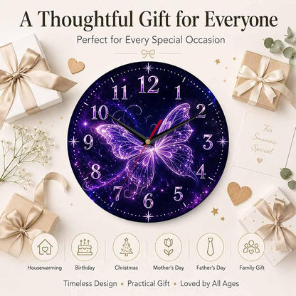 Glowing Purple Butterfly Wall Clock 10 Inch - Silent, Vintage Retro Farmhouse
