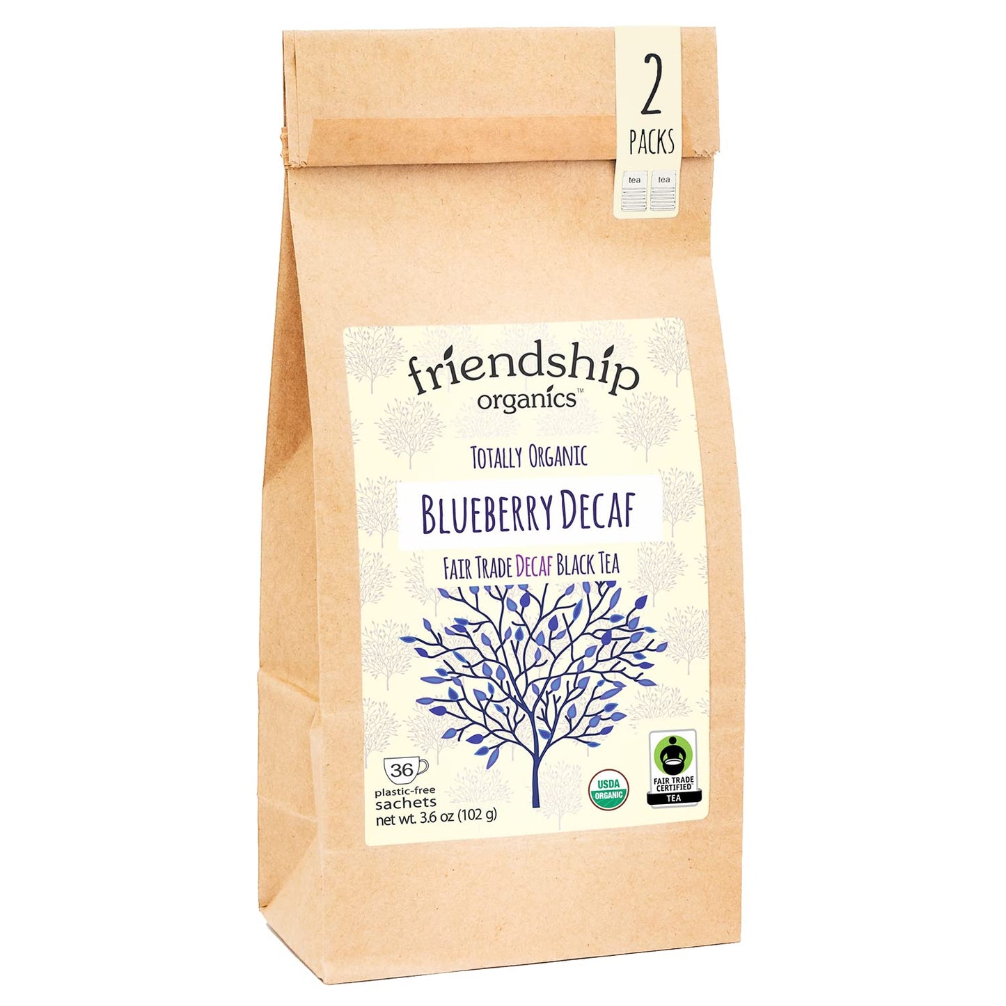 Friendship Organics Blueberry Decaf Tea Bags, Organic and Fair Trade 36 Count