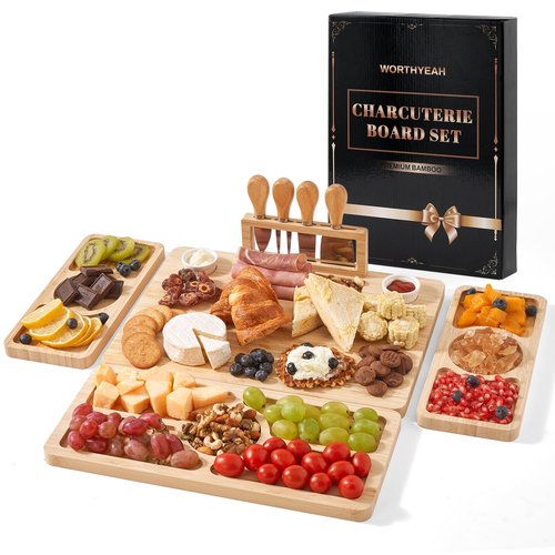 Bamboo Charcuterie Boards, Large Easter Charcuterie Board Set with Serving Tray Knife and Bowl, Bamboo Cheese Board for Christmas, Thanksgiving, House Warming Gifts New Home