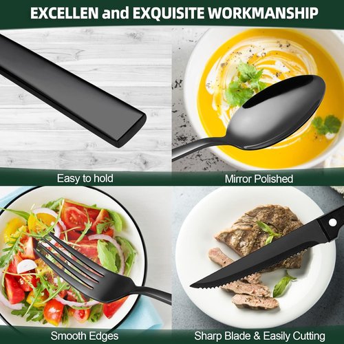 CEKEE 72-Piece Stainless Steel Flatware Set - Elegant Black & Silver Cutlery for 12 with Steak Knives