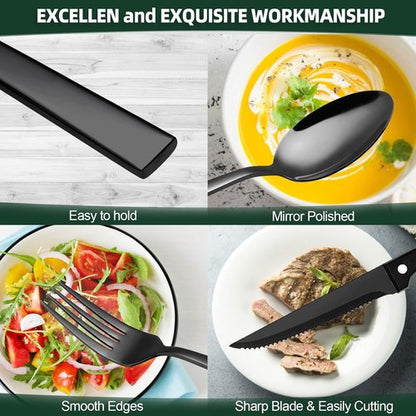 CEKEE 72-Piece Stainless Steel Flatware Set - Elegant Black & Silver Cutlery for 12 with Steak Knives