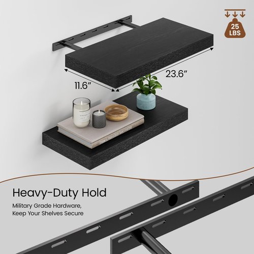 Heimlove 12" Deep Black Floating Shelves for Wall, 24 Inch Shelf Bathroom Shelves Set of 2, Mounted Shelves for Books Living Room Laundry Room Bedroom Kitchen Home Office
