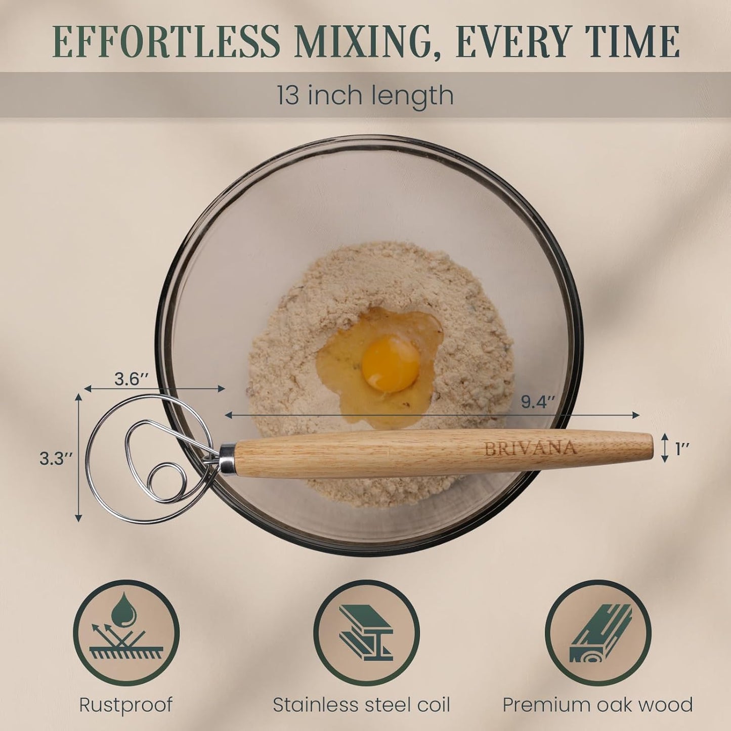 Skiennix Danish Dough Whisk - 13-Inch Stainless Steel Mixer with Wooden Handle for Sourdough & Pizza Dough