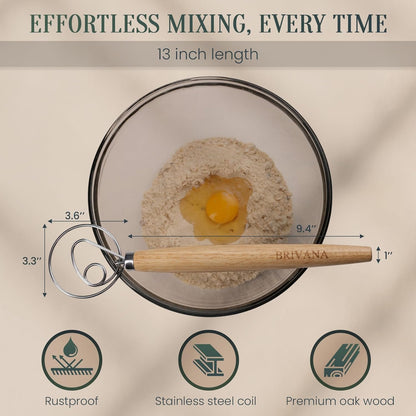 Skiennix Danish Dough Whisk - 13-Inch Stainless Steel Mixer with Wooden Handle for Sourdough & Pizza Dough