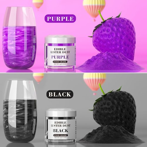 Cherrysea Luster Dust Edible Set - Food Grade Shimmer Powder for Cakes & Cocktails - 4g Bottles (Black & Purple)