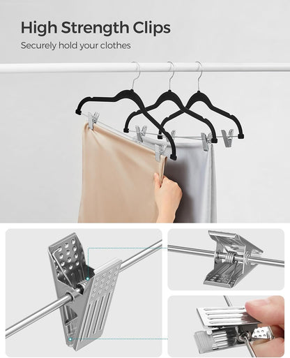 SONGMICS Velvet Pants Hangers - 30 Pack, 16.7 Inches, Adjustable Clips, Non-Slip, Space-Saving, Black