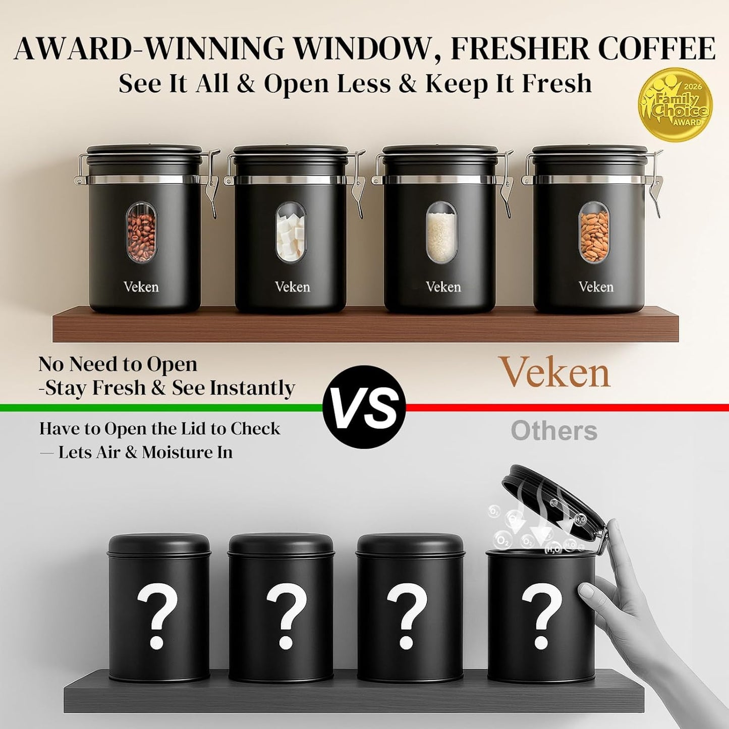 Veken Coffee Canister - Airtight Stainless Steel Storage Container with Window & Date Tracker | 16oz, Black