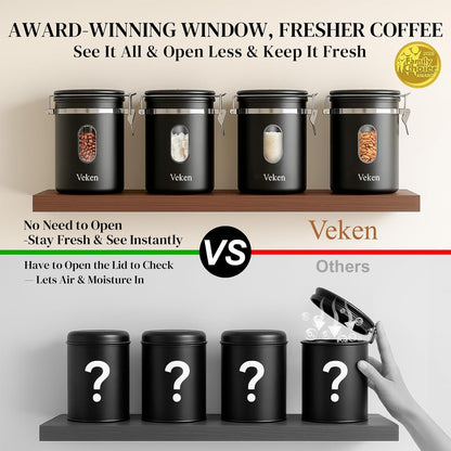 Veken Coffee Canister - Airtight Stainless Steel Storage Container with Window & Date Tracker | 16oz, Black