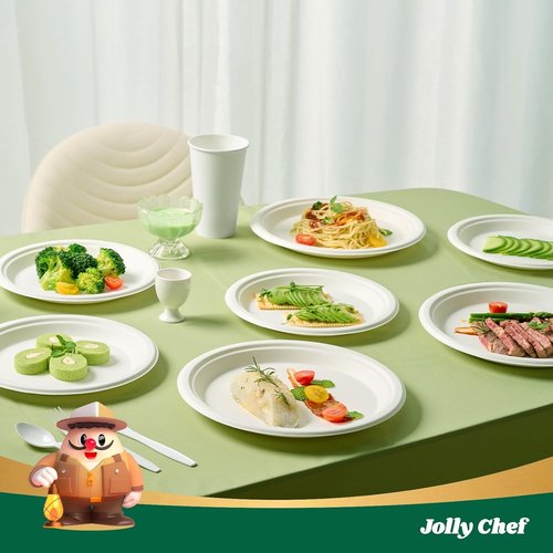 JOLLY CHEF Compostable Heavy Duty Plates - Eco-Friendly 10-Inch White Paper Plates | 125-Pack Made from Biodegradable Sugarcane Fibers