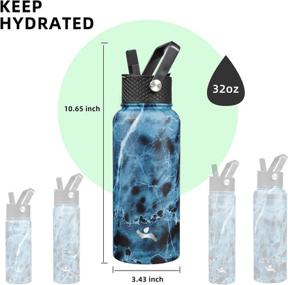 Skiennix 32 oz Insulated Stainless Steel Water Bottle - Marble Ocean Design with 3 Lids