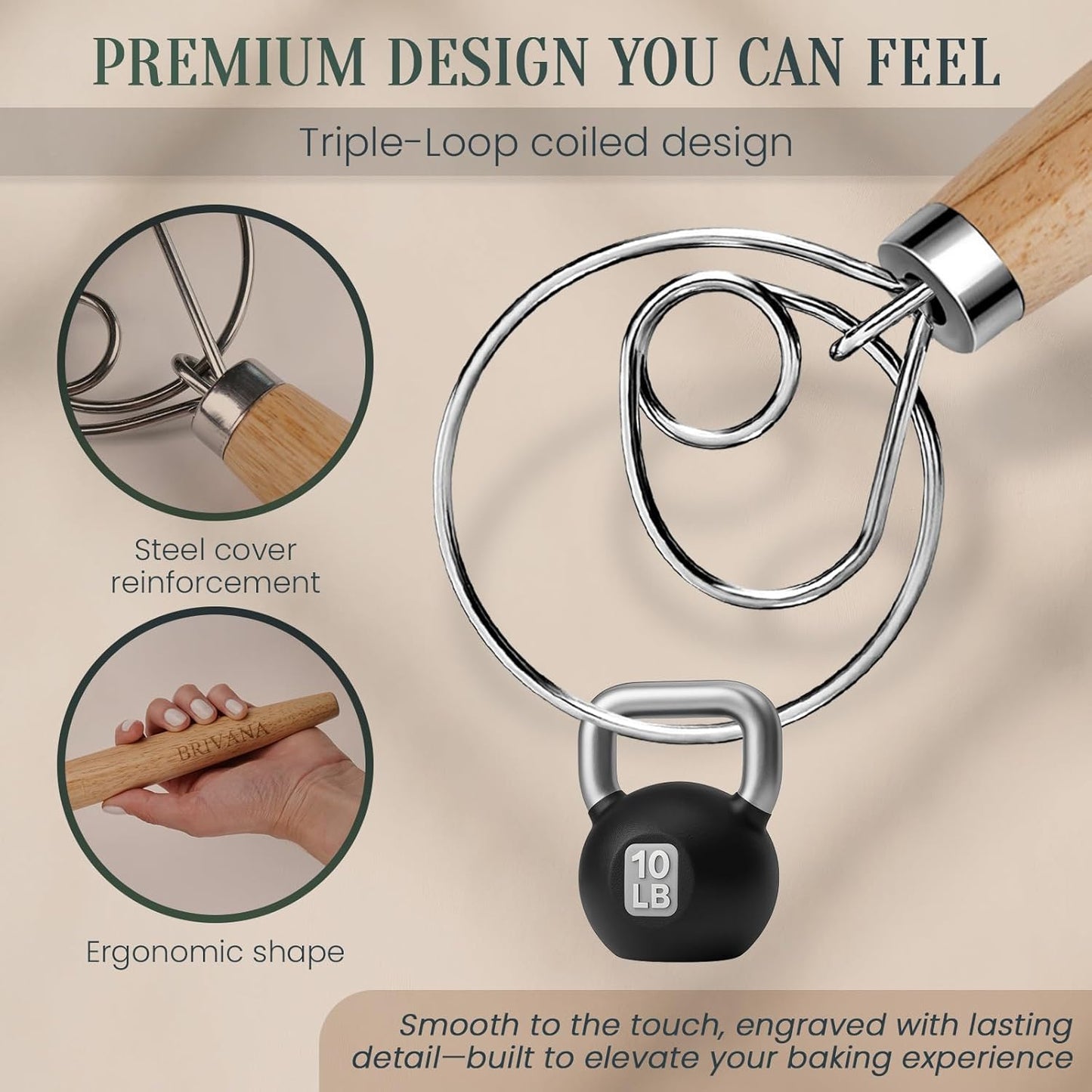 Skiennix Danish Dough Whisk - 13-Inch Stainless Steel Mixer with Wooden Handle for Sourdough & Pizza Dough