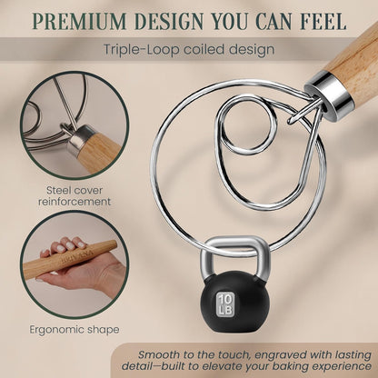 Skiennix Danish Dough Whisk - 13-Inch Stainless Steel Mixer with Wooden Handle for Sourdough & Pizza Dough